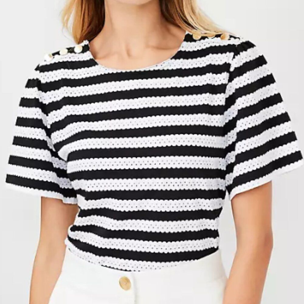 Women's Ann Taylor Black and White Stripe Flutter Sleeve Top Gold Buttons Medium